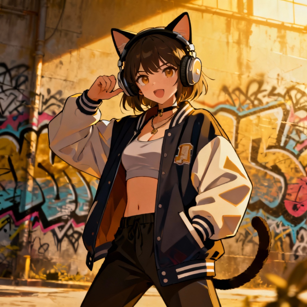 AI streetwear cat girl with cat ear headphones