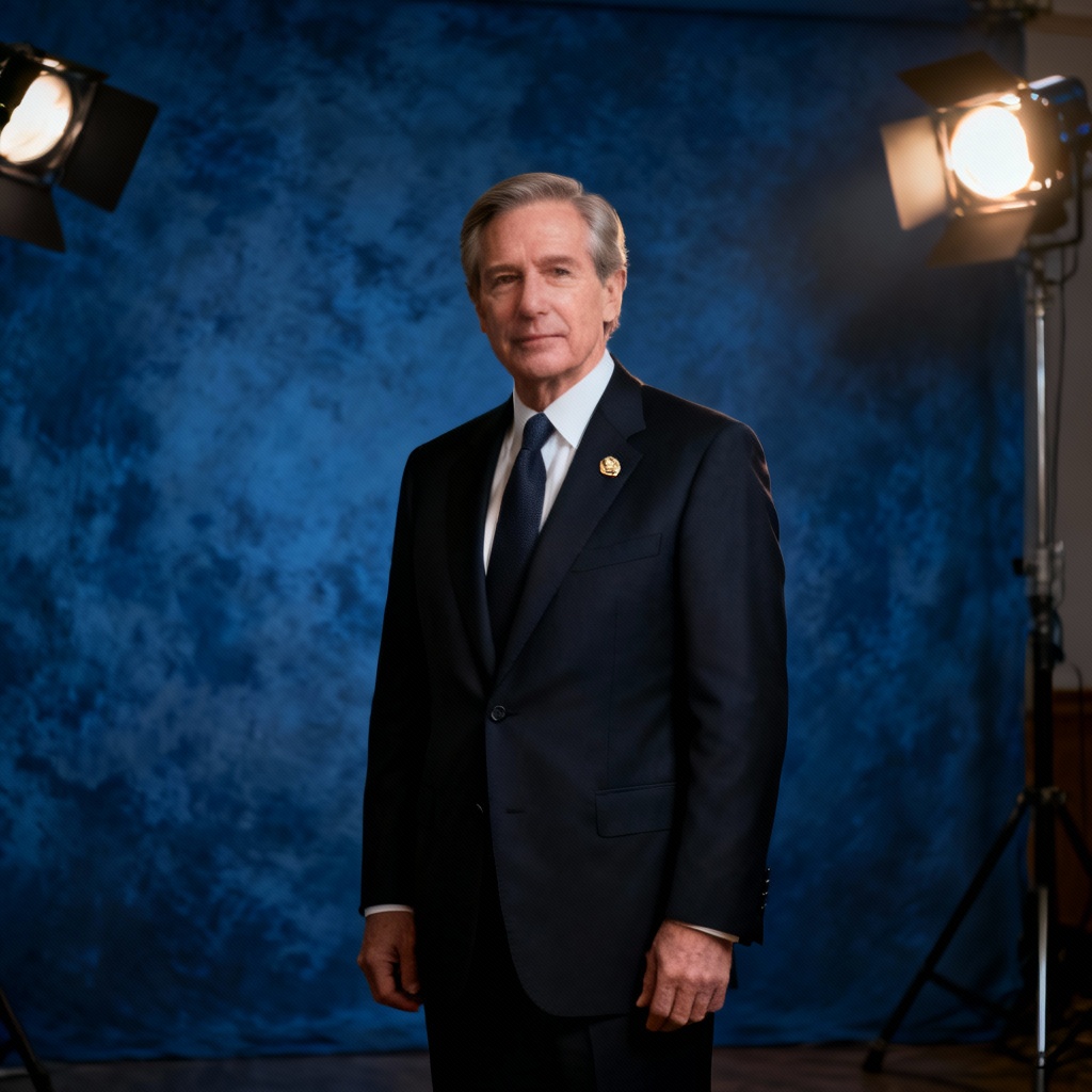 AI dignified government-style official portrait with deep blue backdrop
