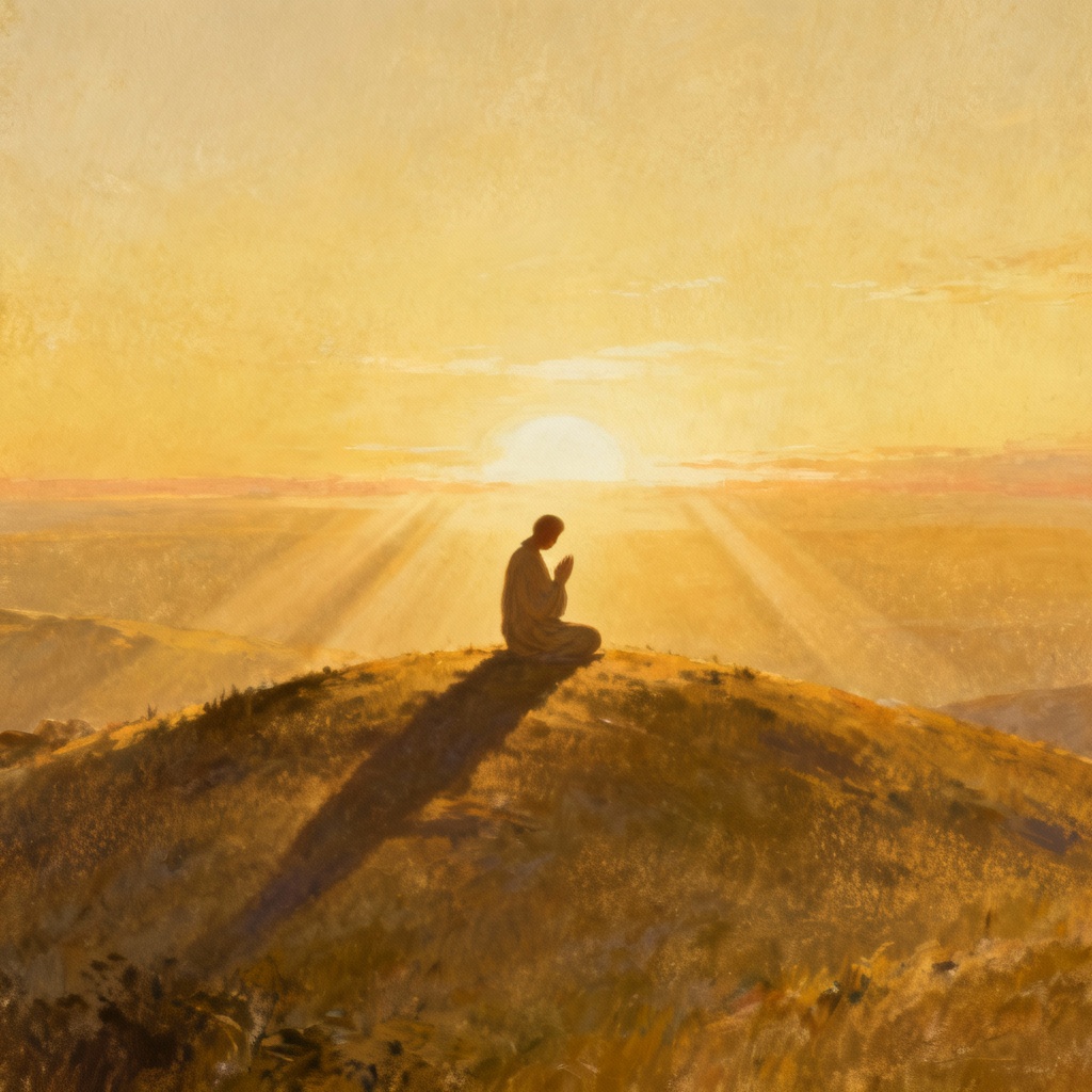 AI prayer beside a glowing sunrise horizon