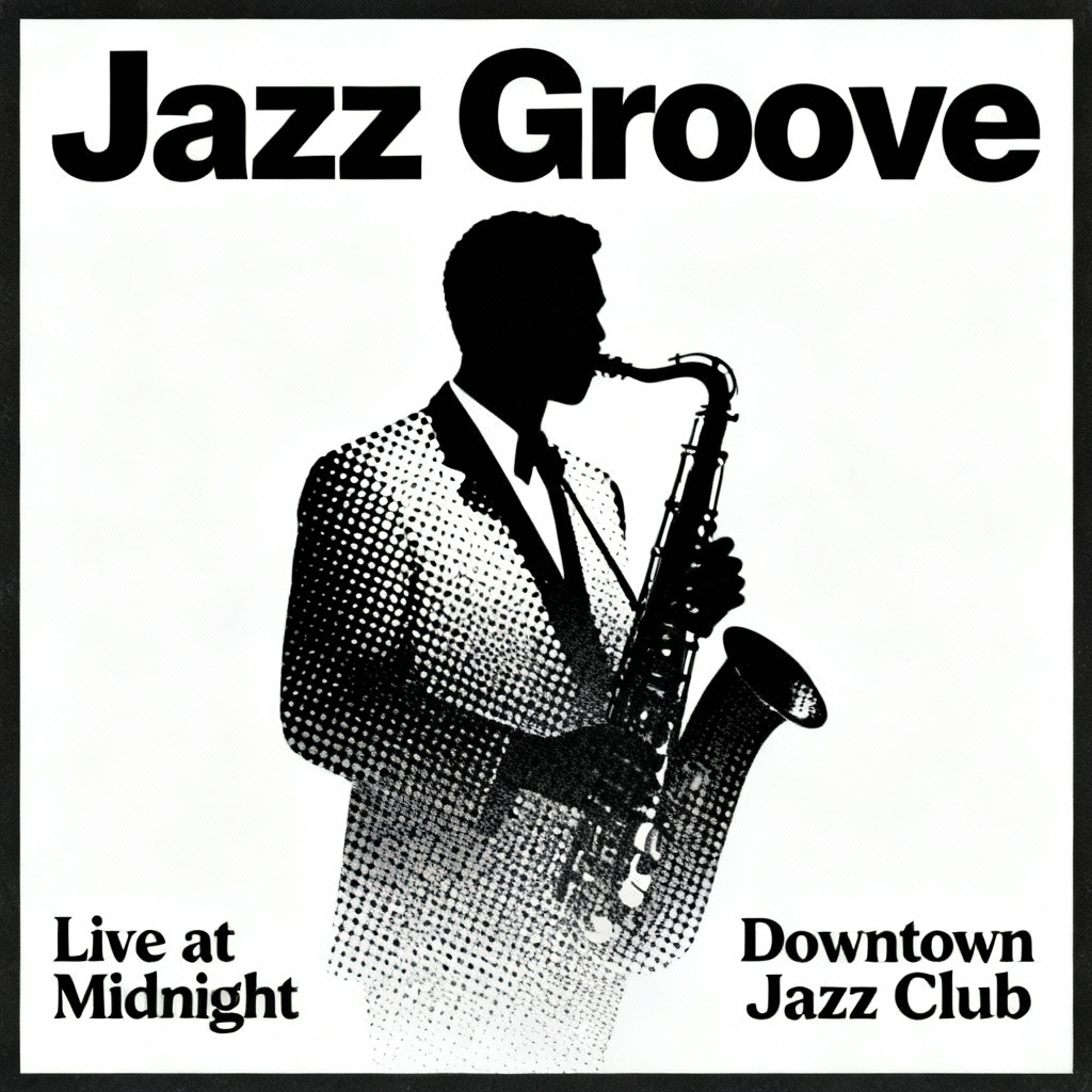 AI black and white halftone poster featuring a jazz musician