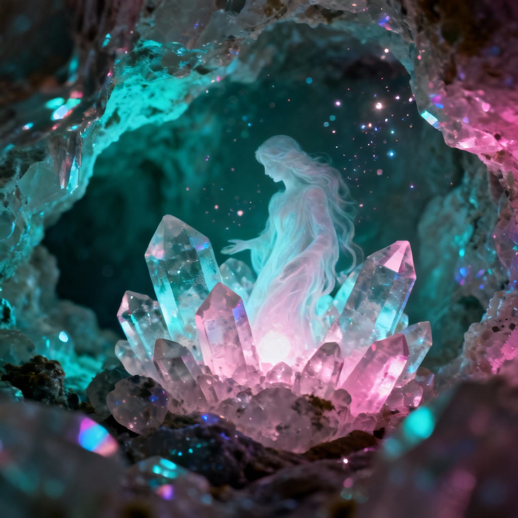 Ethereal spirit in a glowing crystal cave