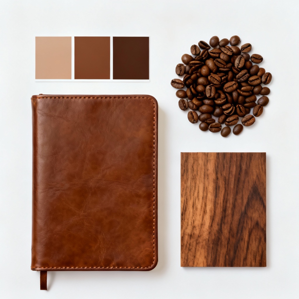 Aesthetic brown moodboard with coffee beans, leather, wood, and color swatches