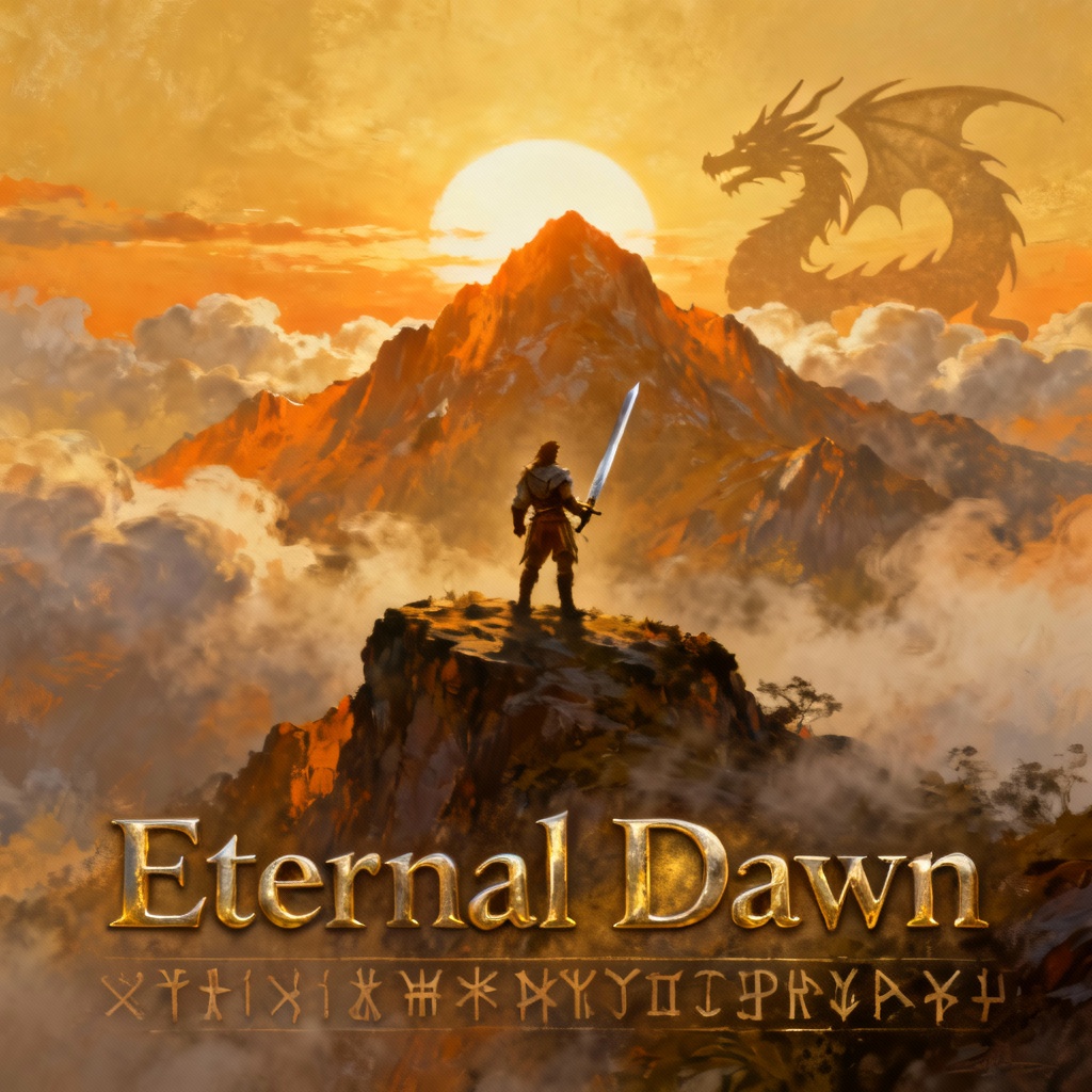 AI fantasy movie poster with hero and dragon at sunrise