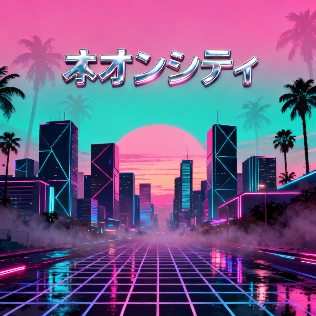 AI vaporwave cityscape with retro grid