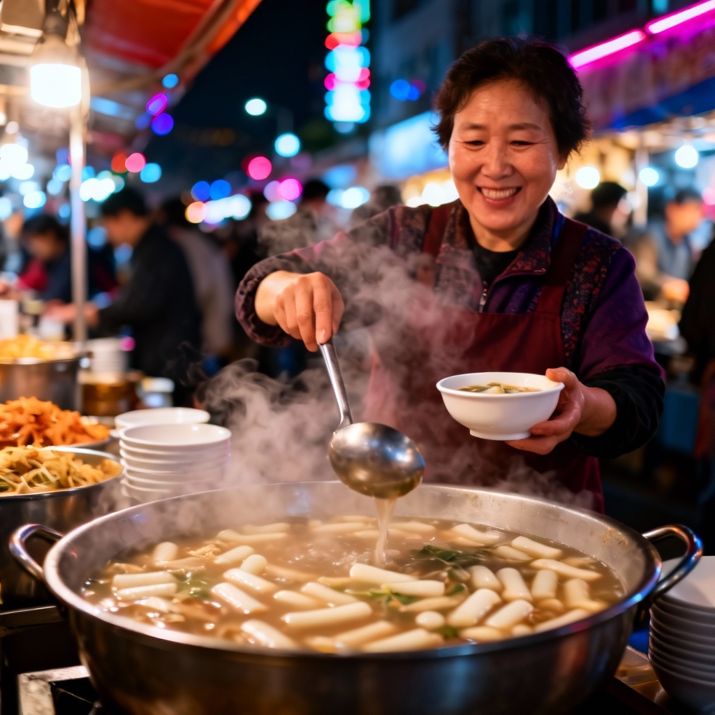 AI street vendor serving tteokguk at a night market stall