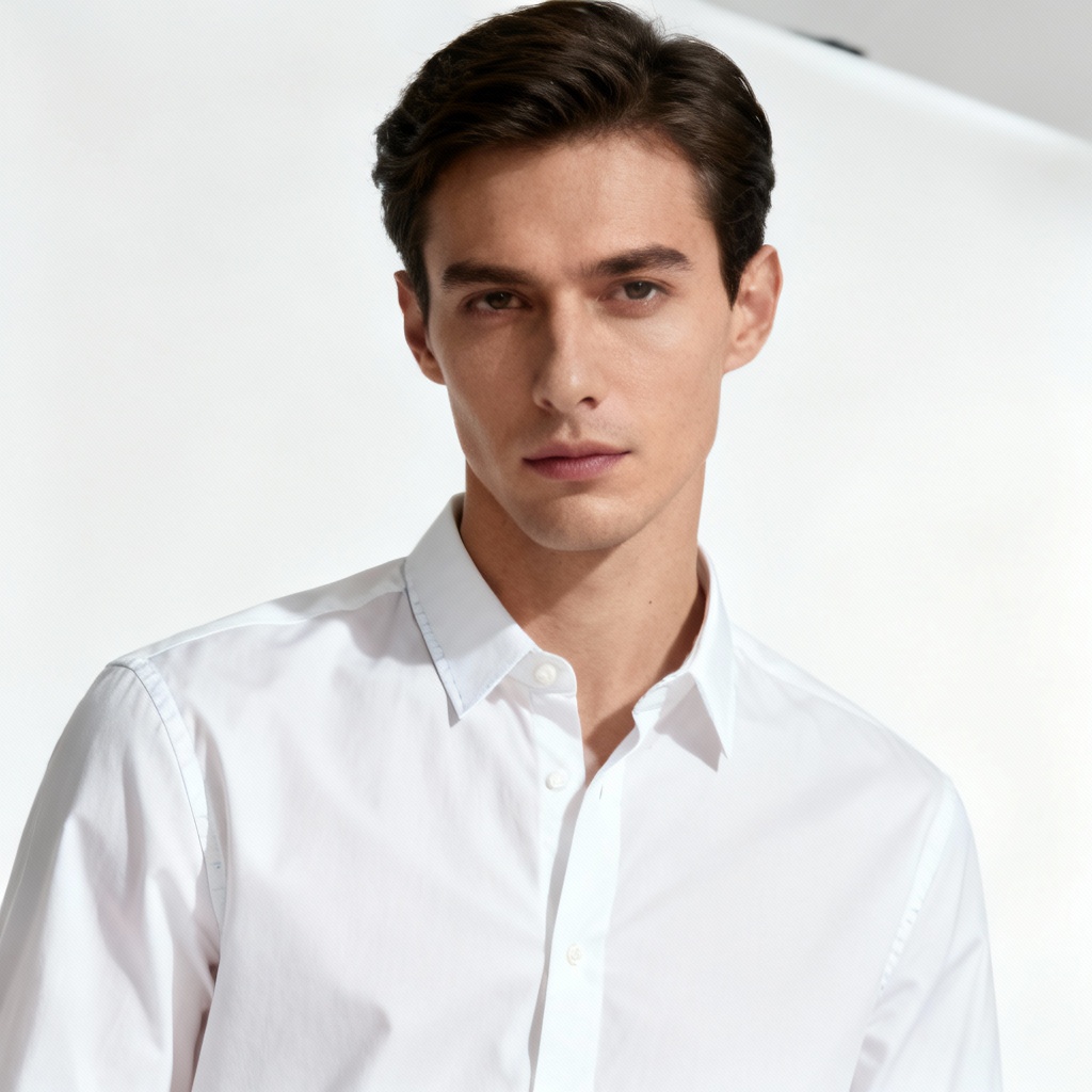 Photorealistic AI model wearing a crisp white button-down top in studio lighting