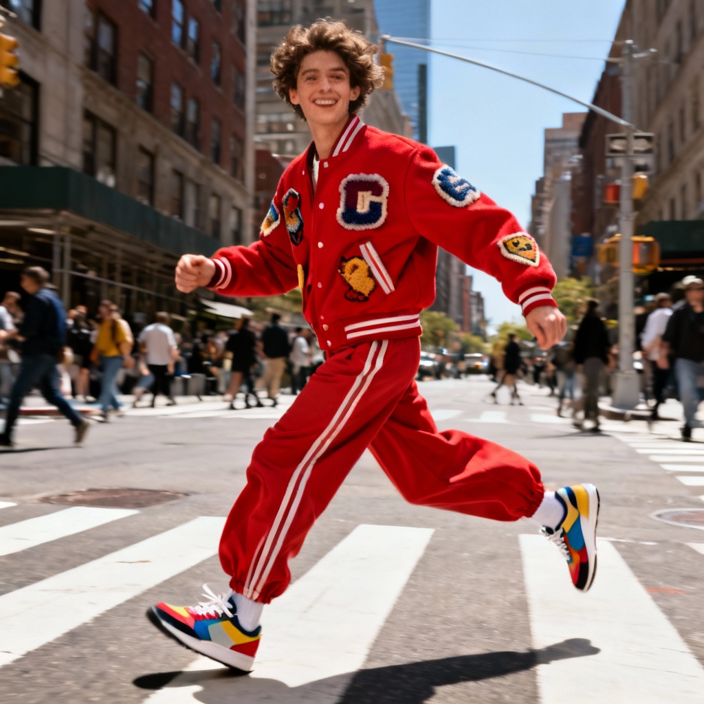 AI color-pop streetwear with varsity jacket and bold sneakers