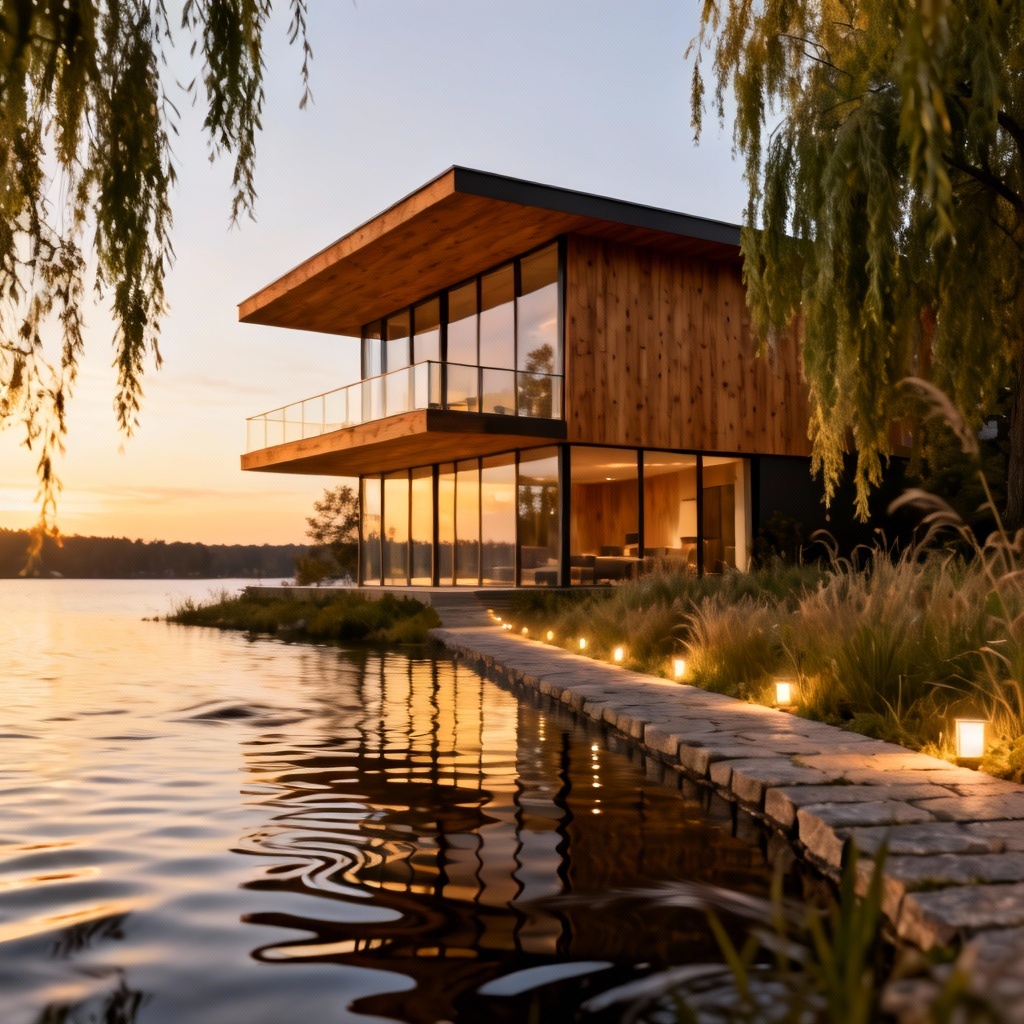 AI generated modern lake house exterior at dusk with glass and wood