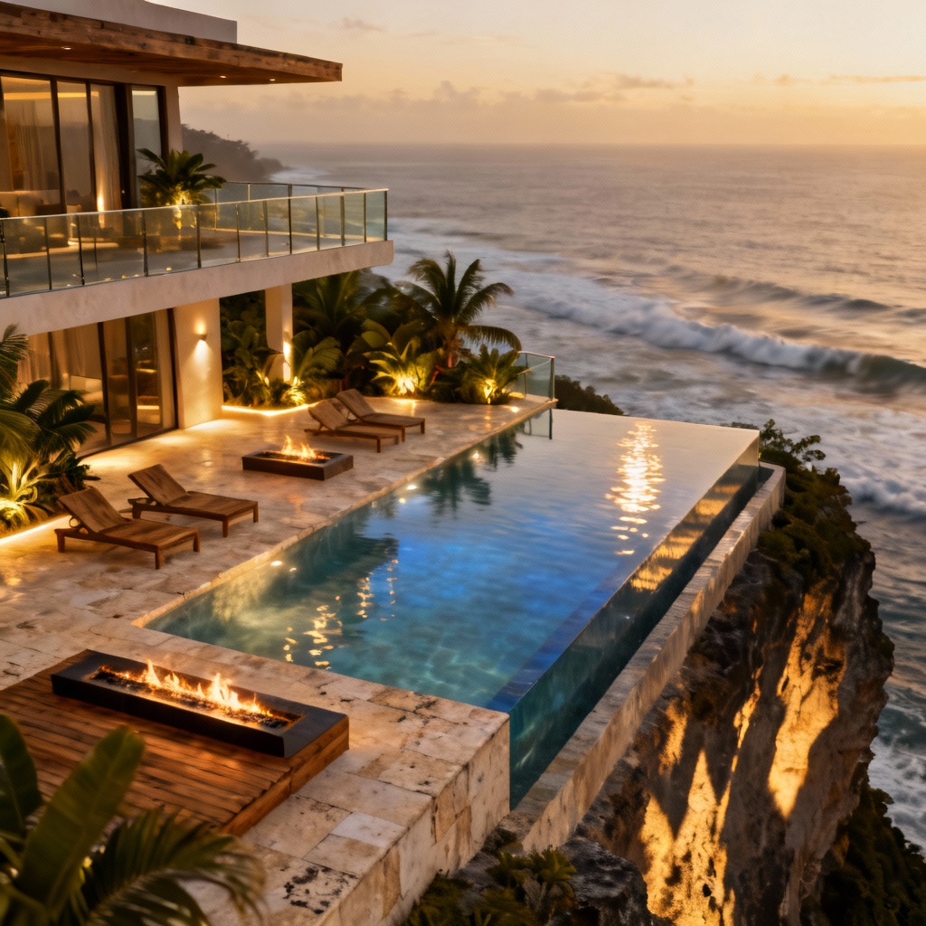Luxury infinity pool overlooking ocean at sunset with travertine deck and fire features