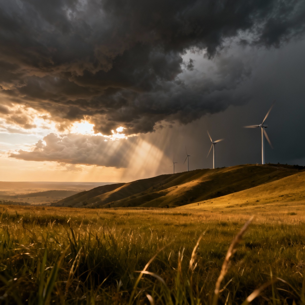 Storm-lit grassland with wind turbines under dramatic clouds