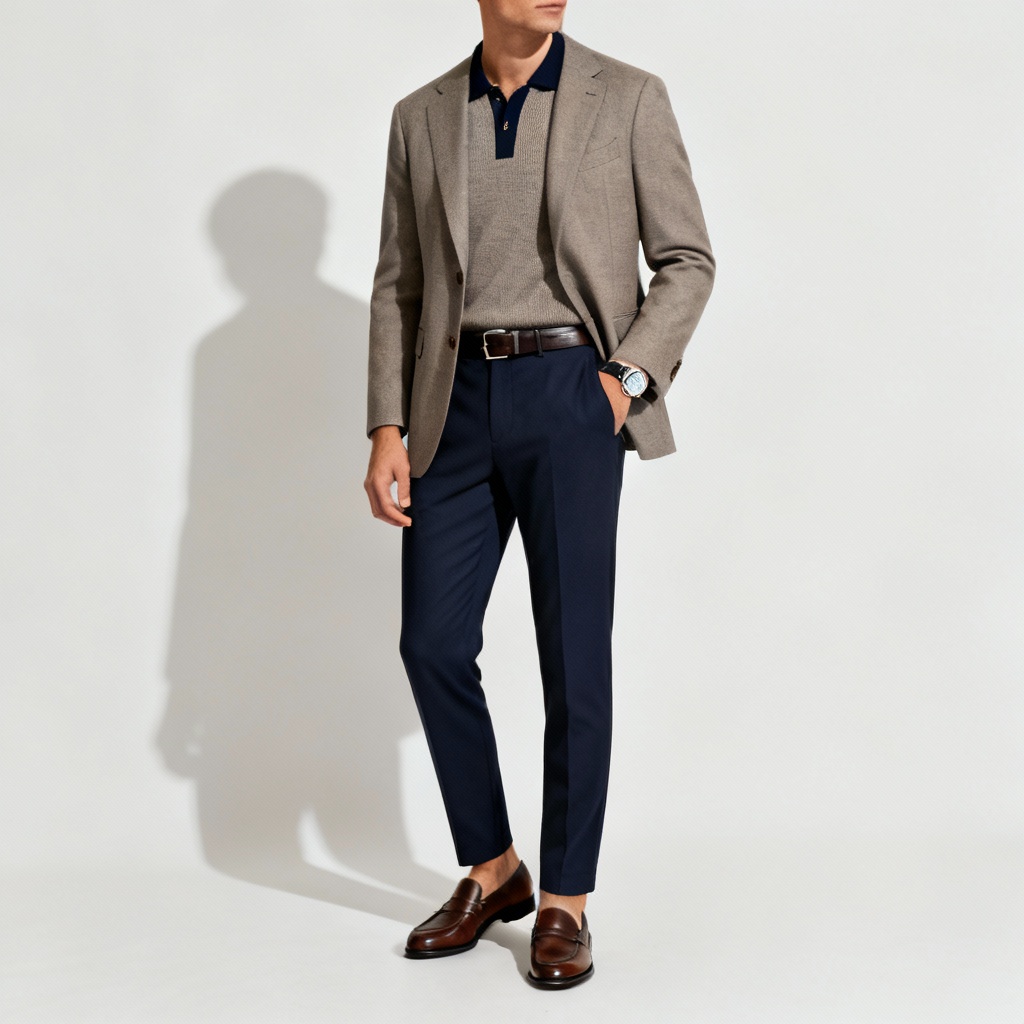 AI business casual outfit with blazer, knit polo, and chinos