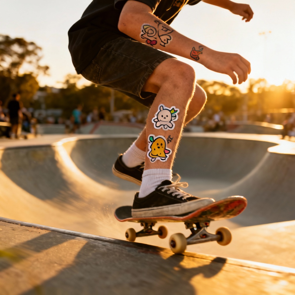 AI skater tattoo boy mockup with doodle calf and forearm tattoos