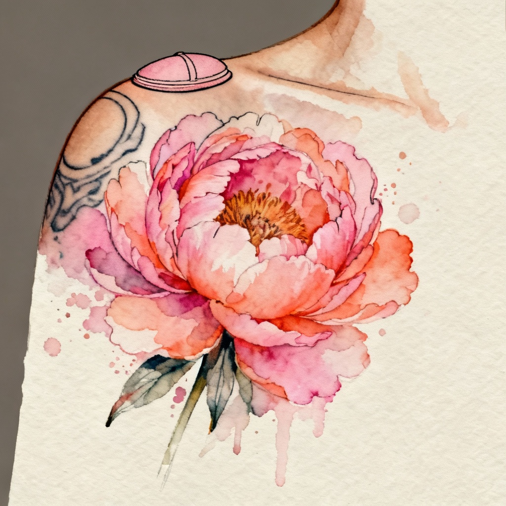 Watercolor peony shoulder tattoo design