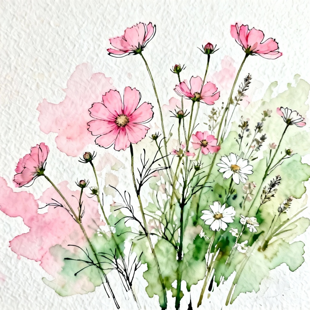 AI watercolor pink wildflowers