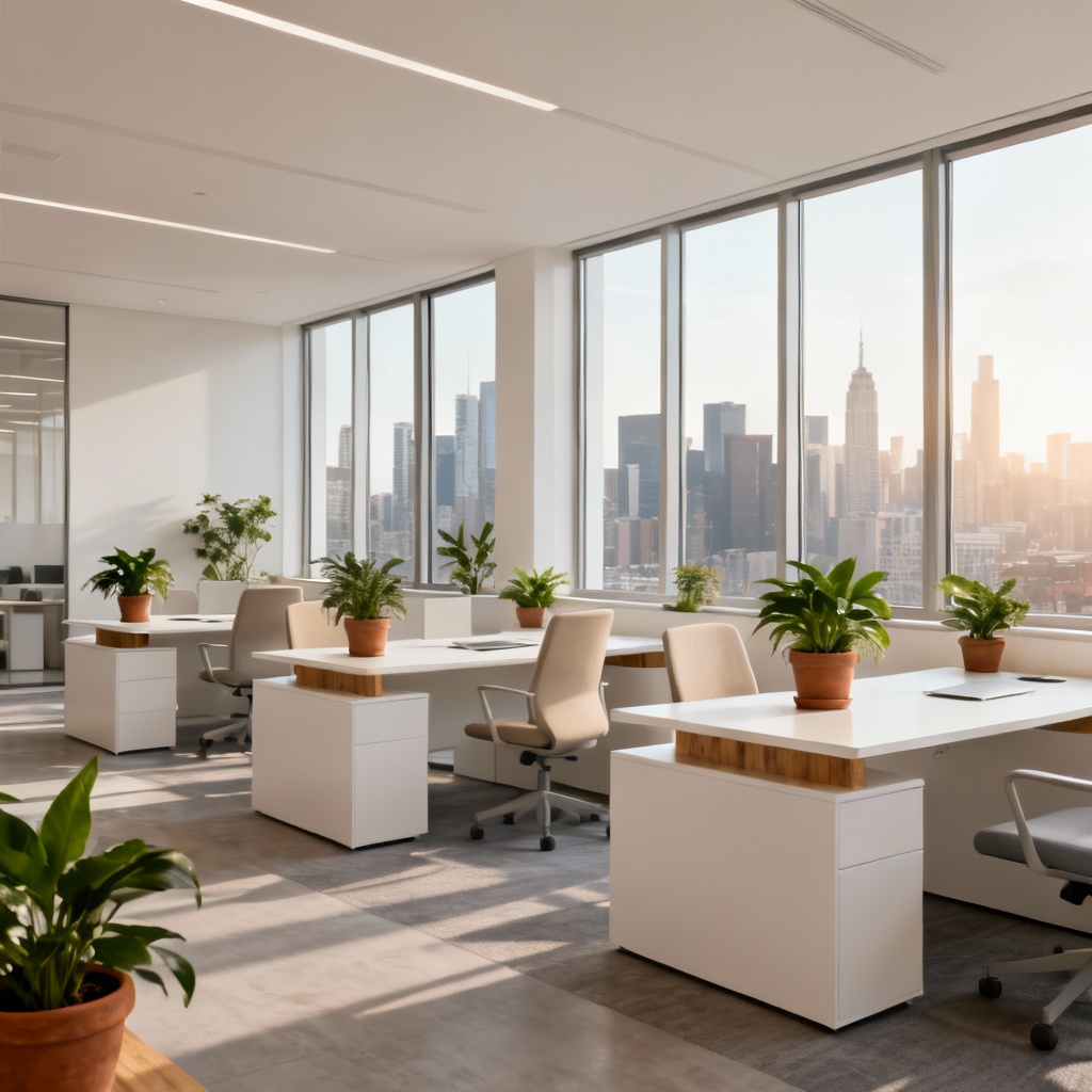 AI minimalist open-plan office with natural light