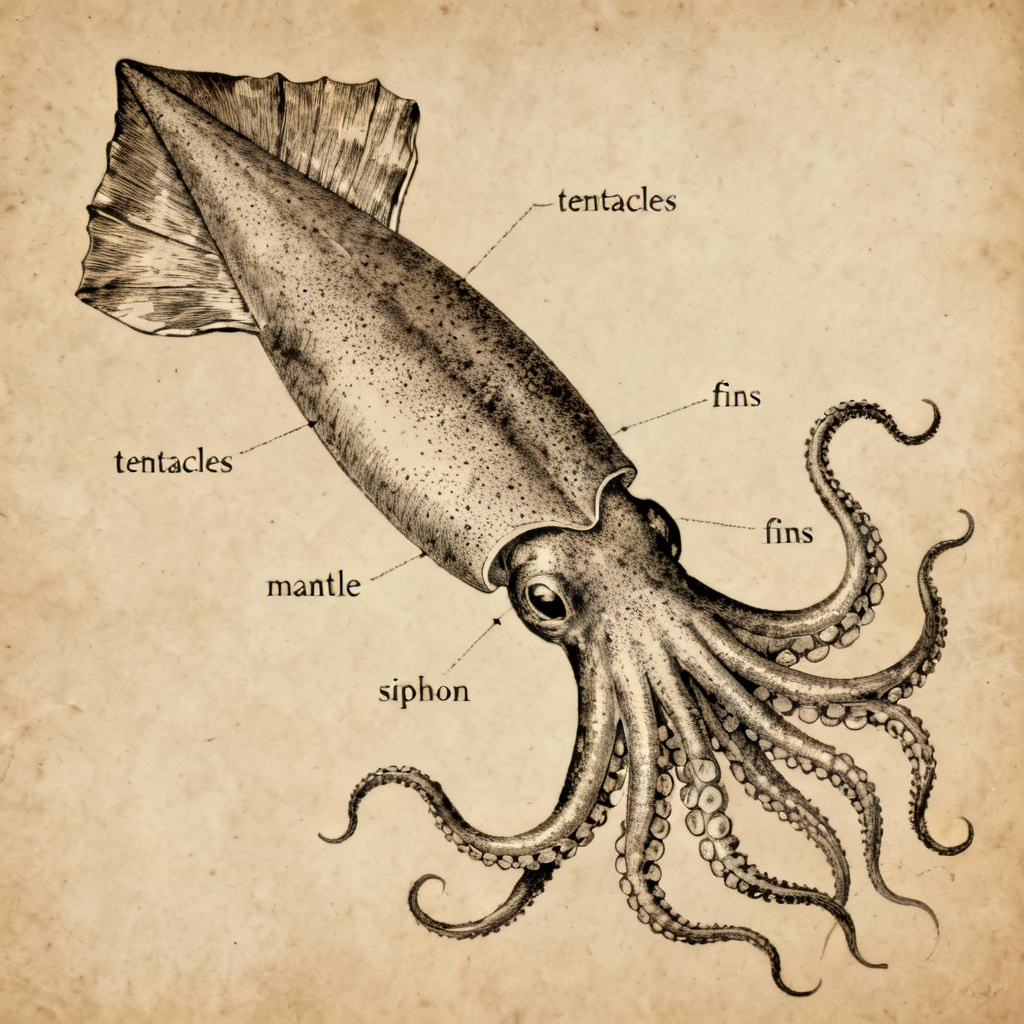 Hand-drawn vintage squid illustration with ink hatching