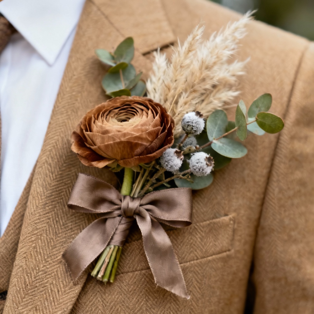 AI boho boutonniere with pampas, ranunculus, and silk ribbon