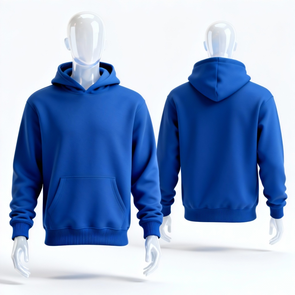 AI royal blue pullover hoodie front and back on ghost mannequin