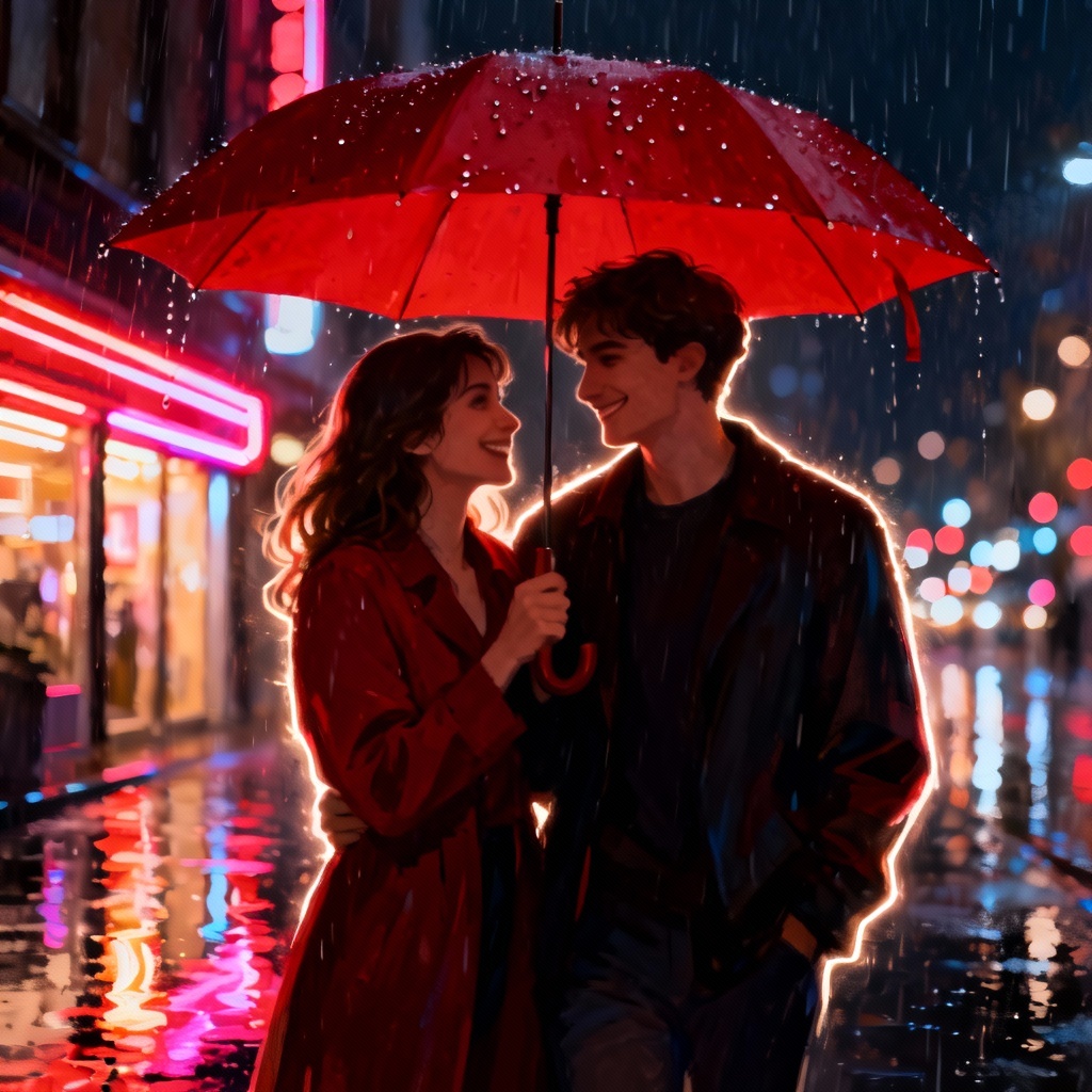AI romantic couple under red umbrella in rainy city