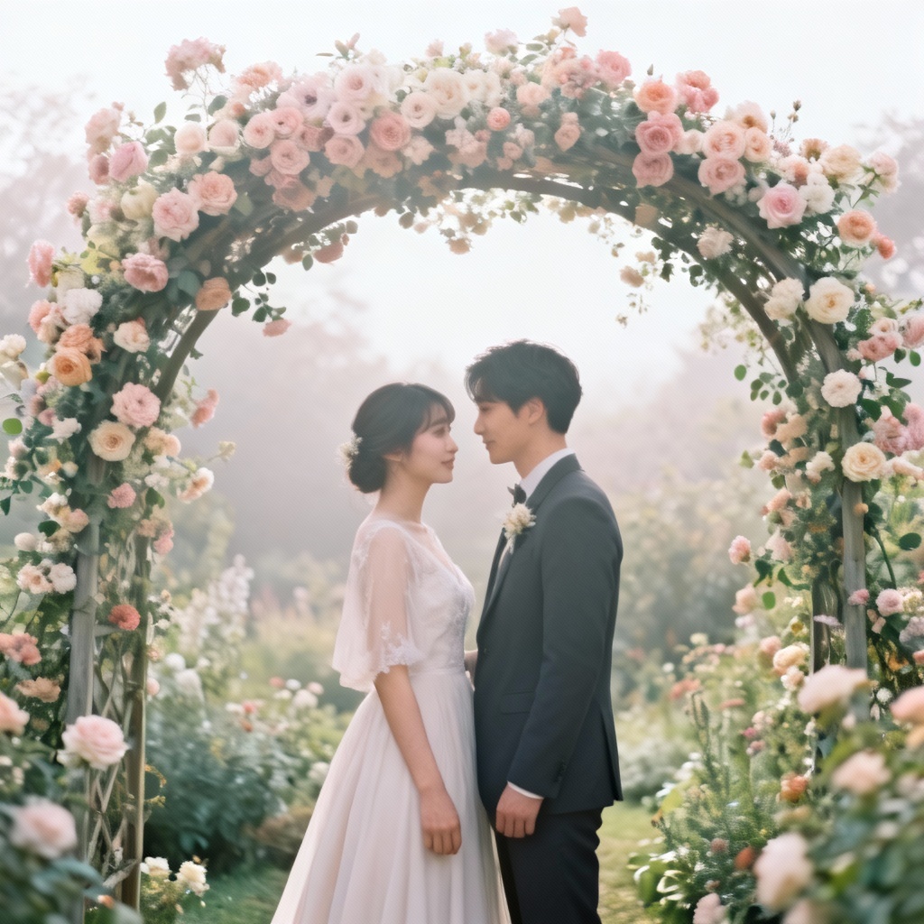 AI whimsical garden arch wedding portrait