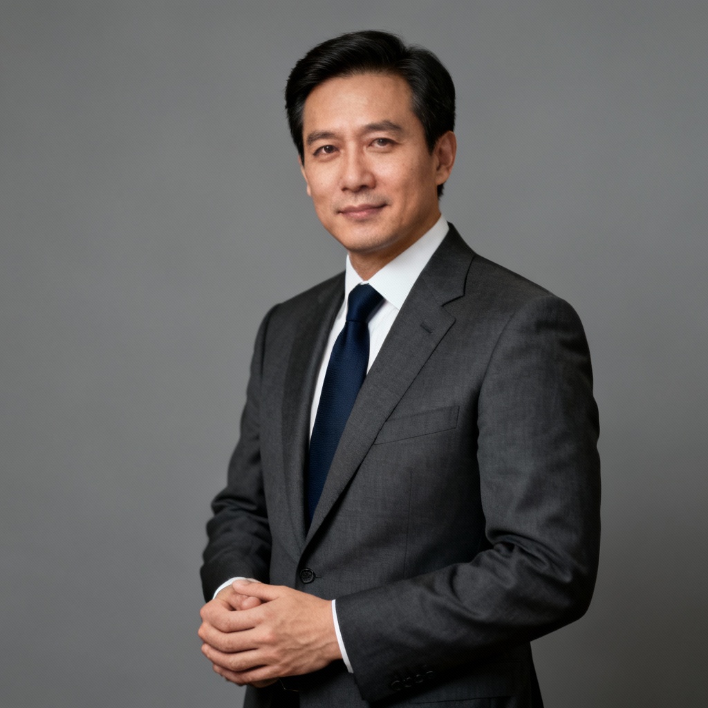AI executive boardroom-style official portrait on neutral backdrop