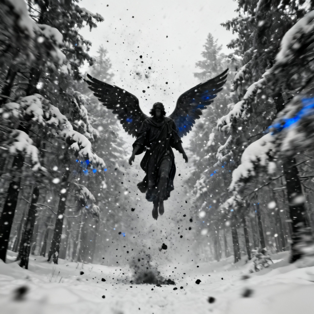 AI dark angel landing in snowy forest with ash