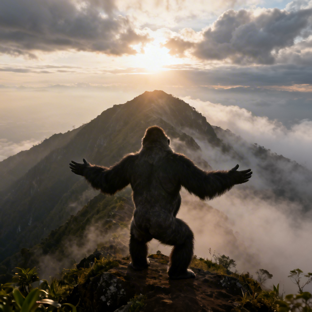 Gorilla travel vlog on a foggy mountain ridge