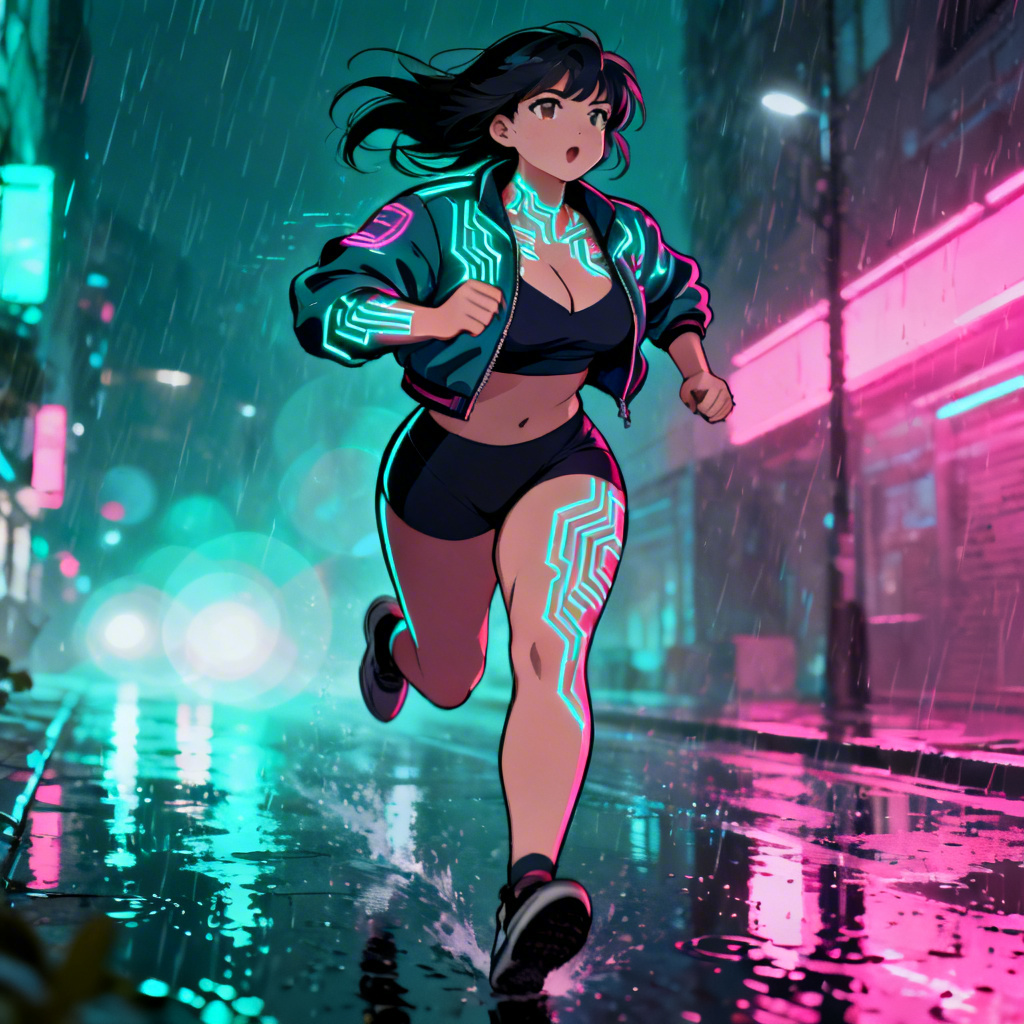 Adult curvy anime woman running through neon cyberpunk streets