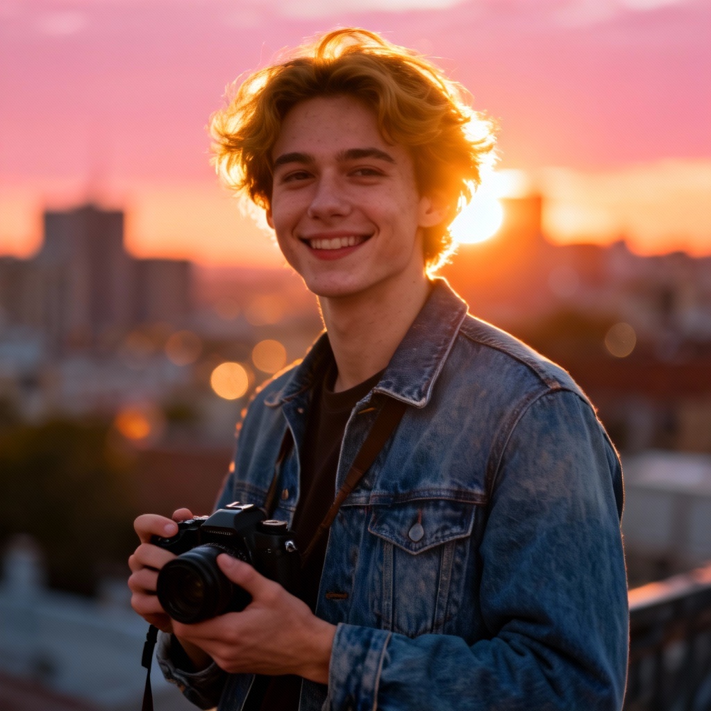 AI girlfriend taking photos at golden hour in the city
