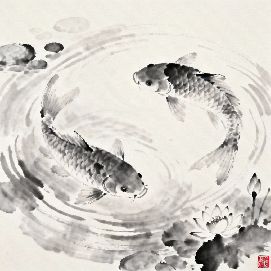 AI sumi-e koi fish ink wash with ripples