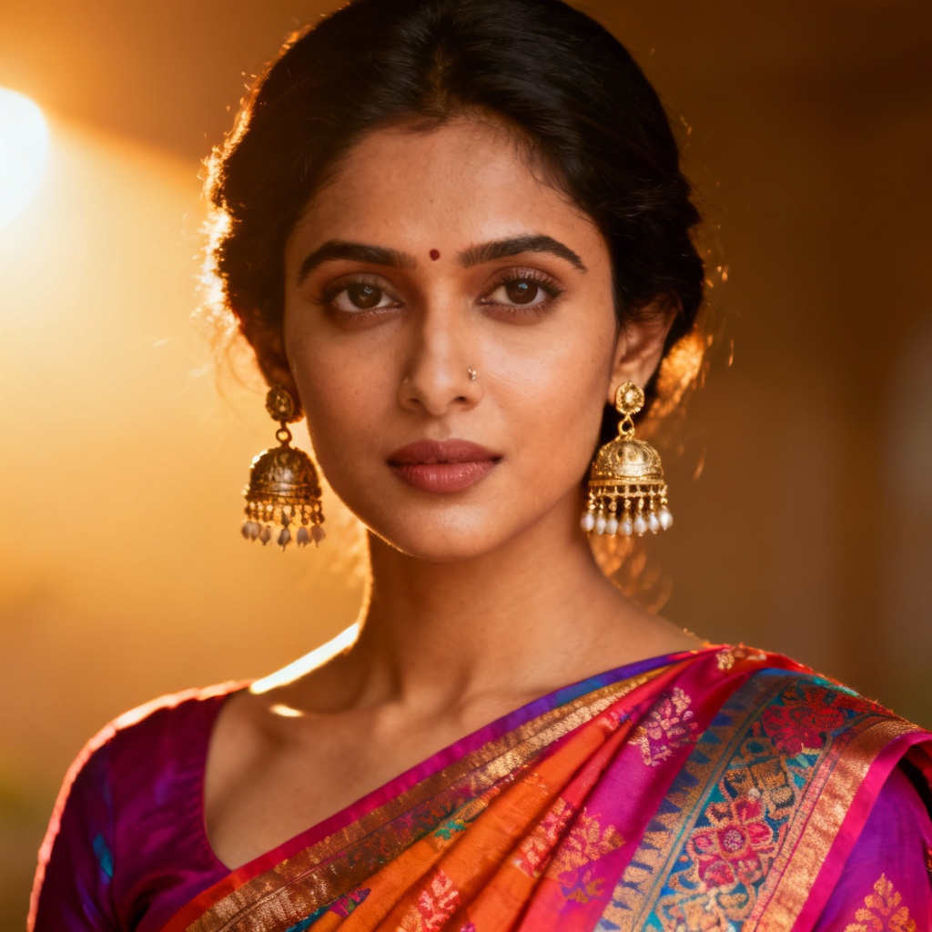AI South Asian headshot with sari and jewelry