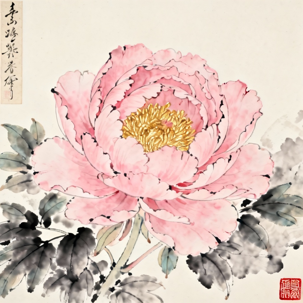 AI gongbi peony Chinese brush painting