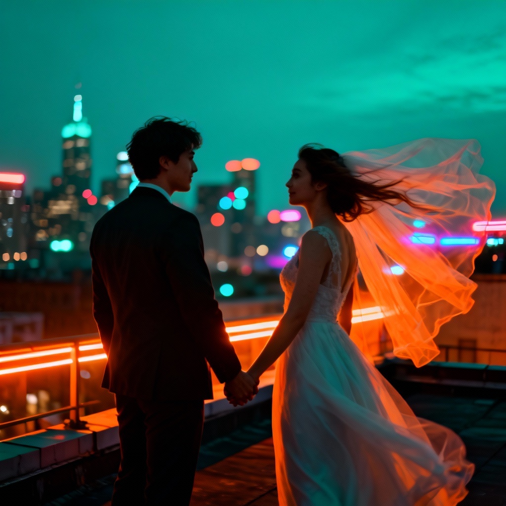 AI married couple on rooftop with city night lights
