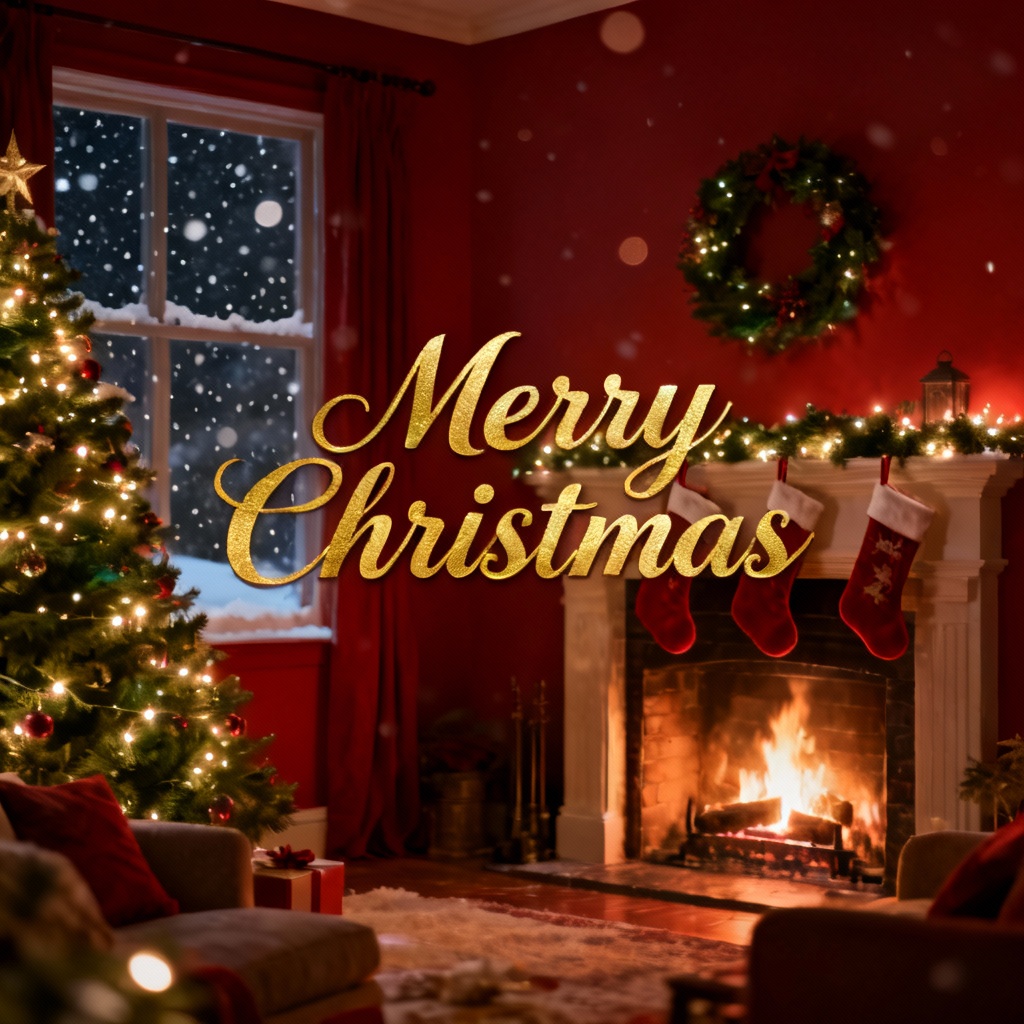 Merry Christmas wallpaper with cozy fireplace and Christmas tree in 4K