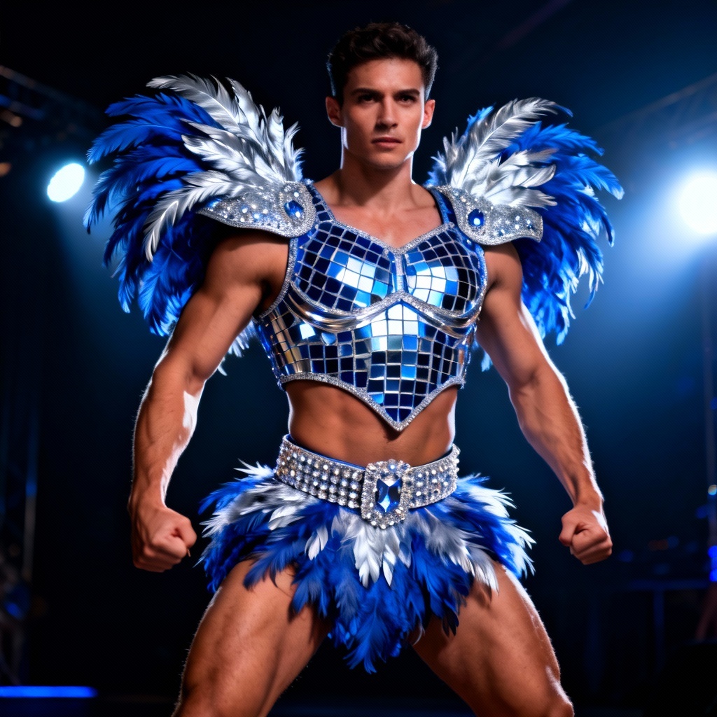 AI men's Rio Carnival costume with blue and silver plume armor