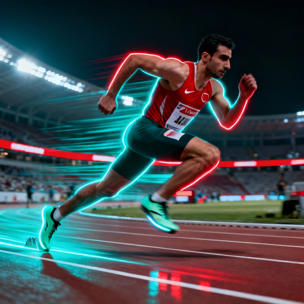 AI Turkish sprinter running at night