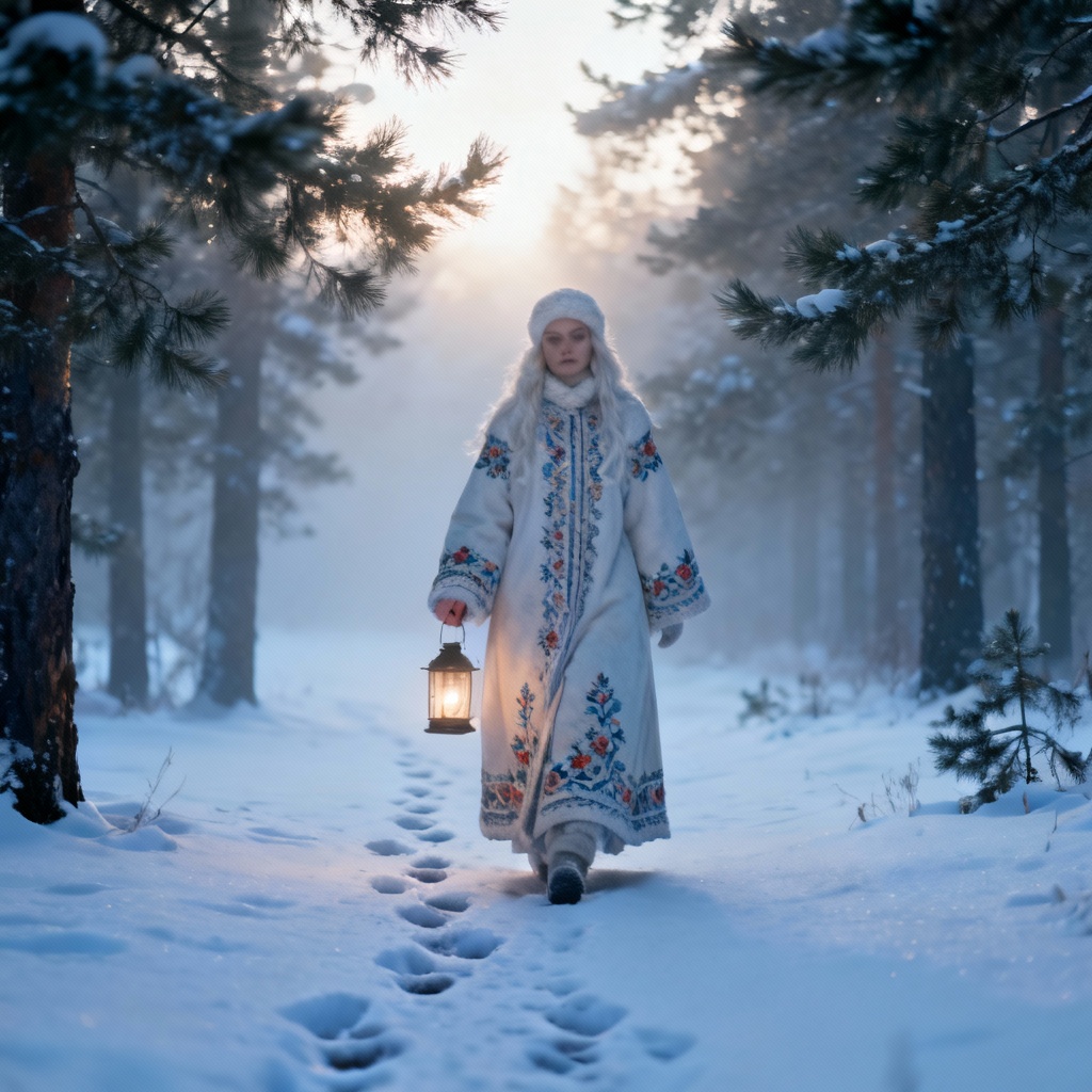 Snegurochka walking through winter forest