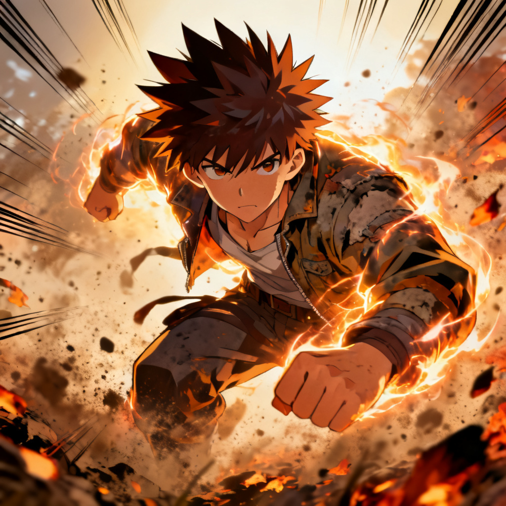 Shonen anime OC with energy aura and determined look
