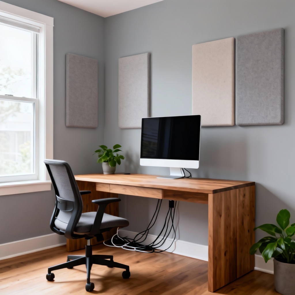 Minimal home office setup with clean desk and acoustic panels