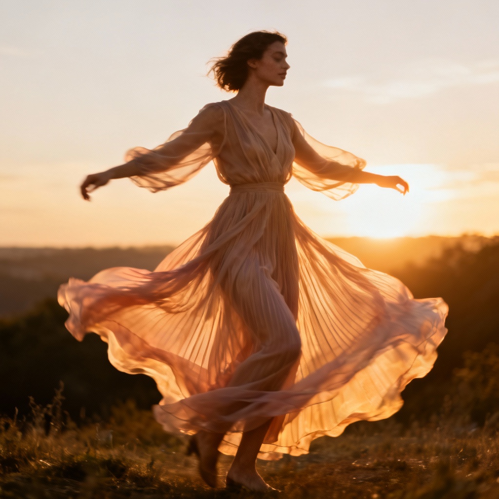 AI flowing chiffon dress twirl at golden hour