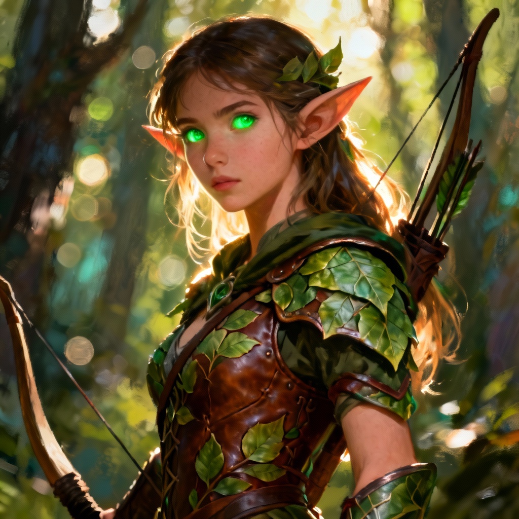 Fantasy elf girl avatar with bow and forest backdrop