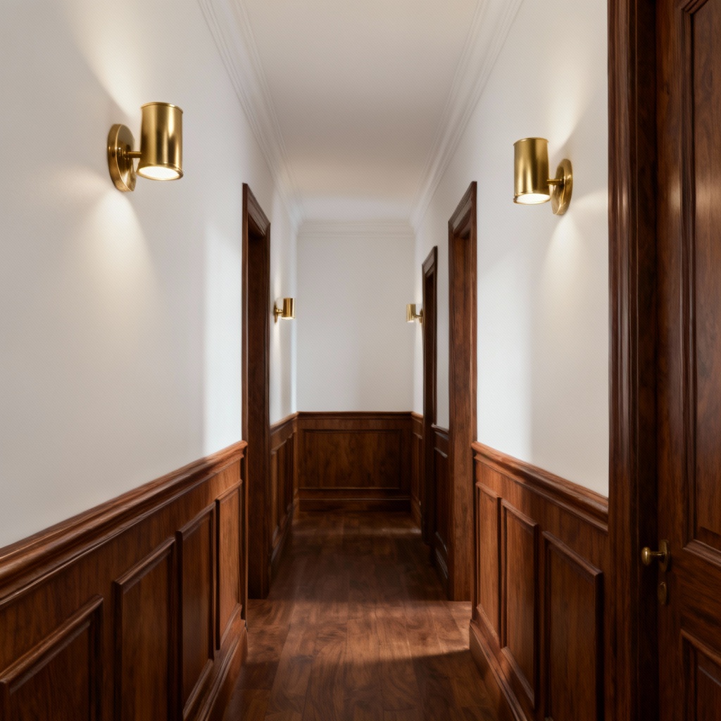 AI walnut wainscoting wall in an elegant hallway