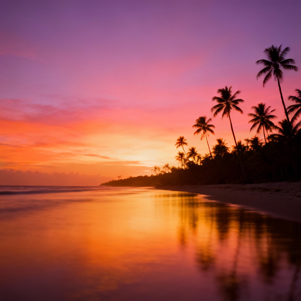 AI tropical sunset gradient atmosphere with palm silhouettes