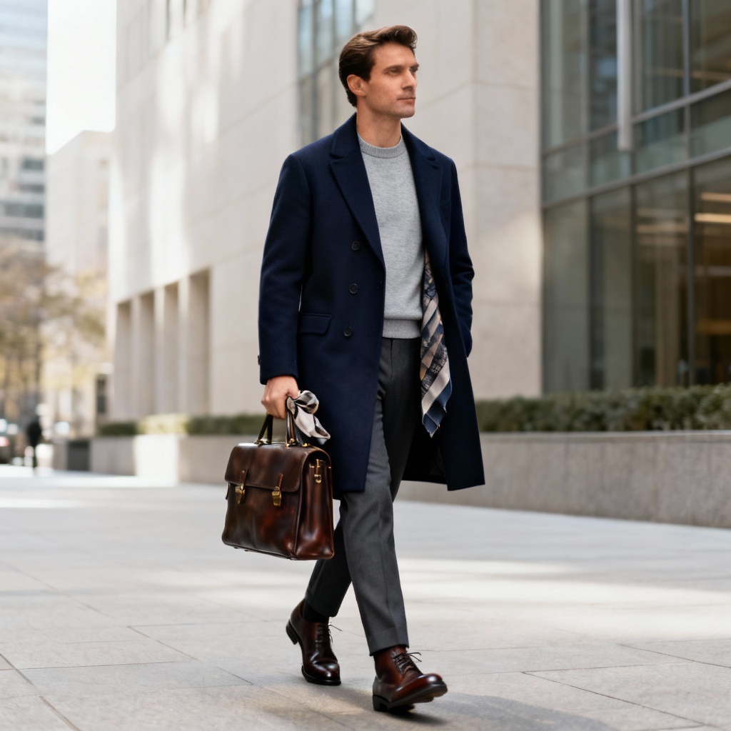 AI office smart casual winter outfit with topcoat and knit