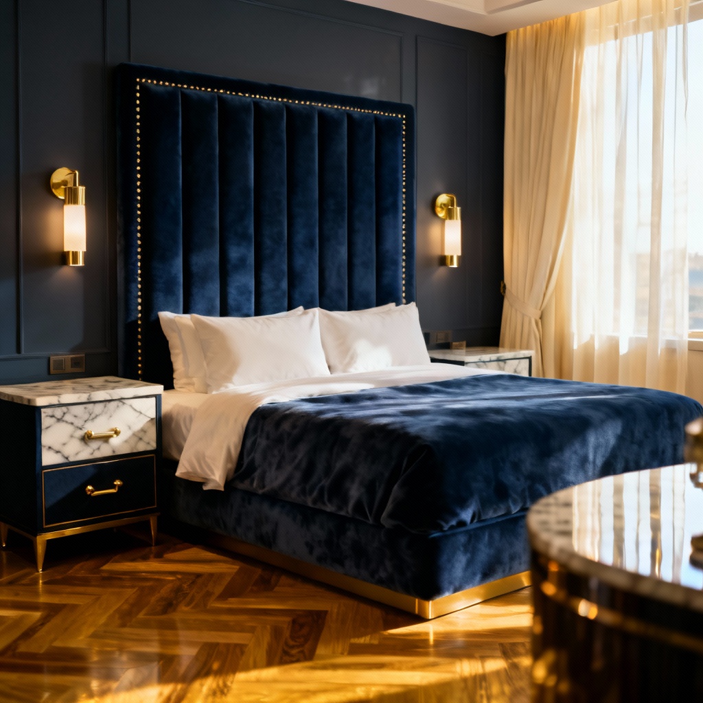 AI luxury hotel suite bedroom with velvet headboard