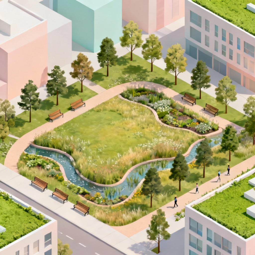 Isometric urban park with trees, green roofs, and bioswales