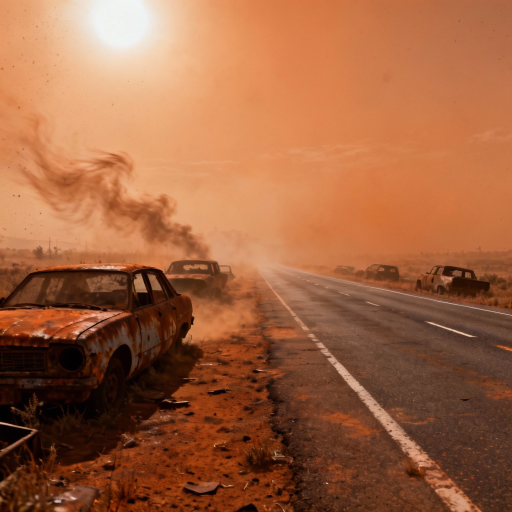 AI post-apocalyptic theme with dusty highway and rusted vehicles