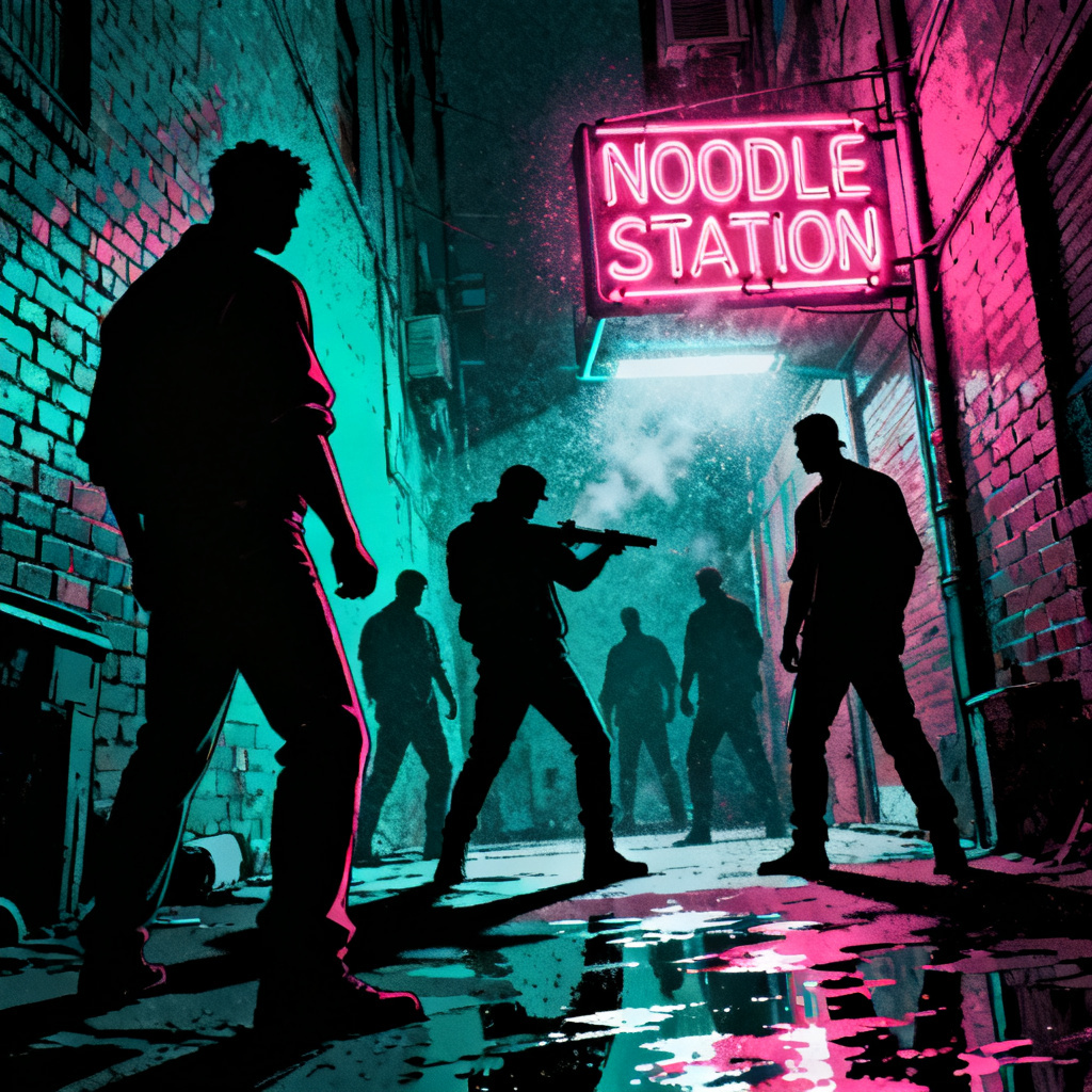 AI GTA-style back alley scene with neon and silhouettes