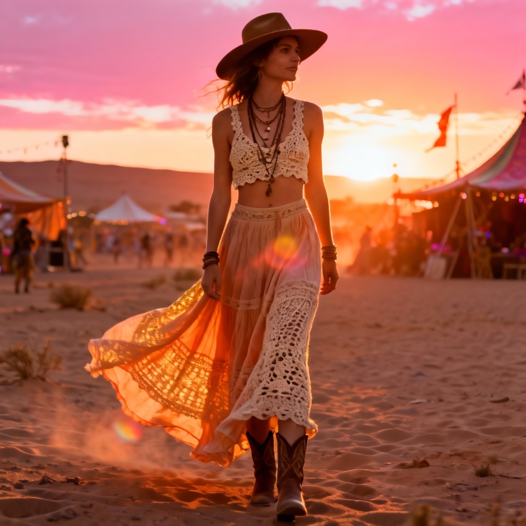 AI boho festival outfit with crochet top and maxi skirt