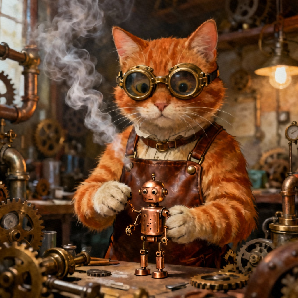 Steampunk anthropomorphic cat inventor in a gear-filled workshop